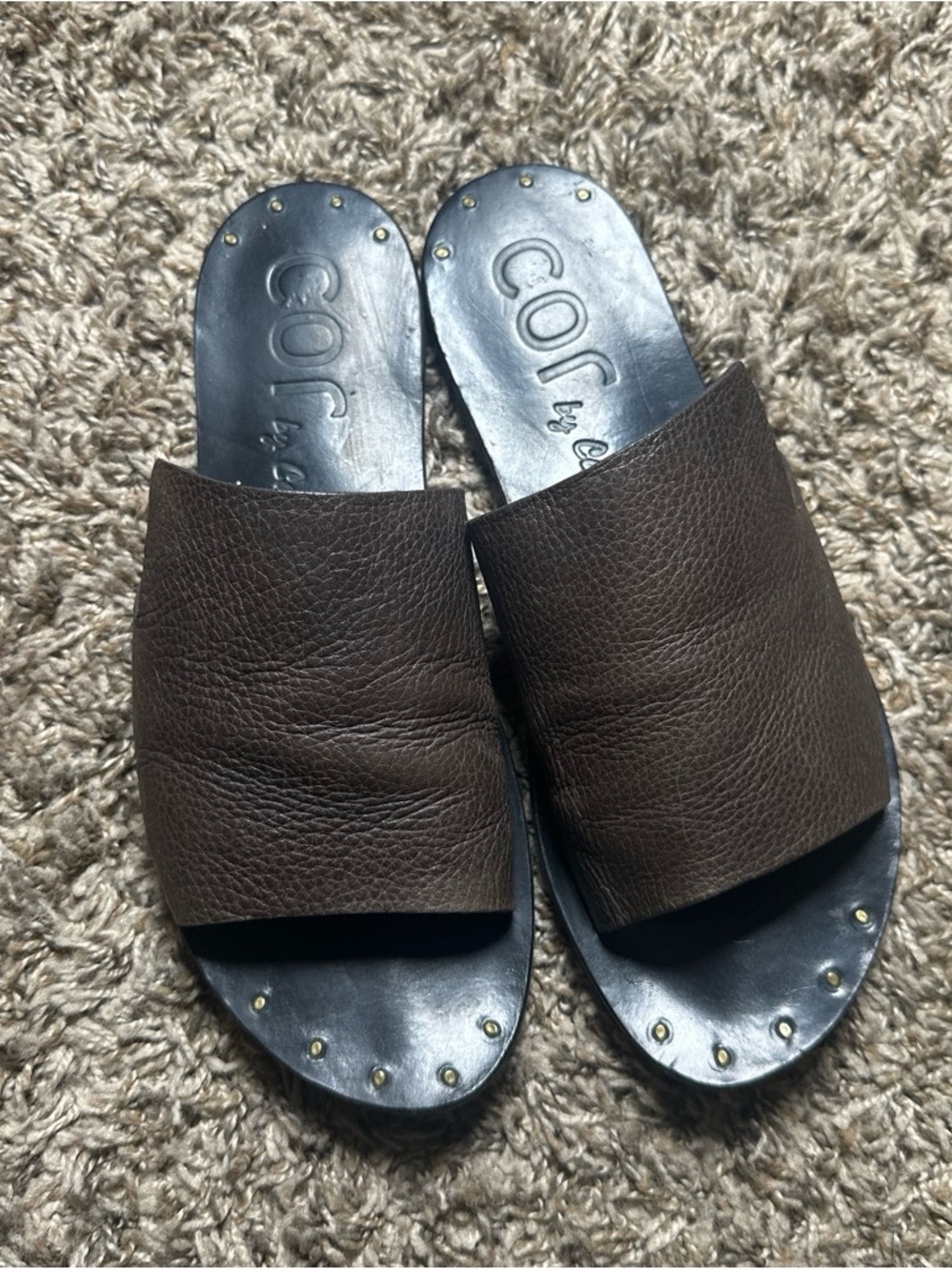 Cor by Callen Cordero Brown Leather Slides Size 8 Artisan Handmade Sandals